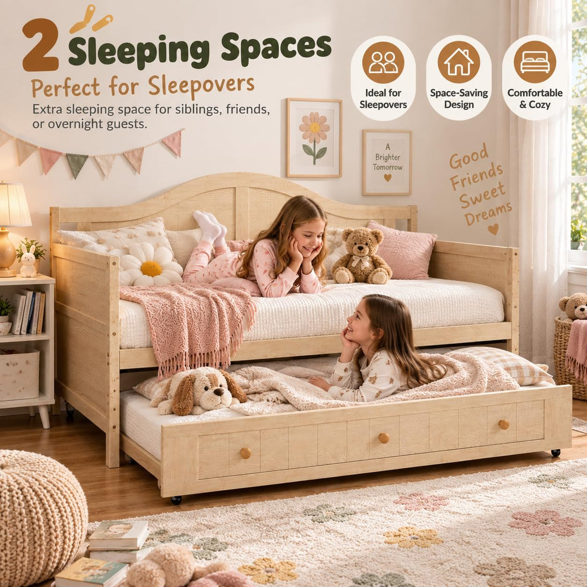 Twin Trundle Bed Frame, Twin Size Daybed with Rolling Trundle, Natural