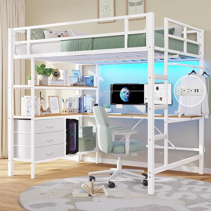 Metal Loft Bed with Desk & Storage