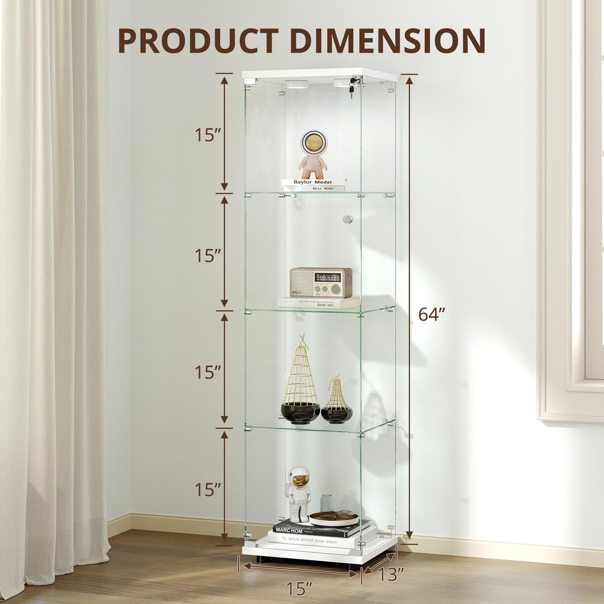 Zevemomo 4-Tier Glass Display Cabinet with LED Lights, White
