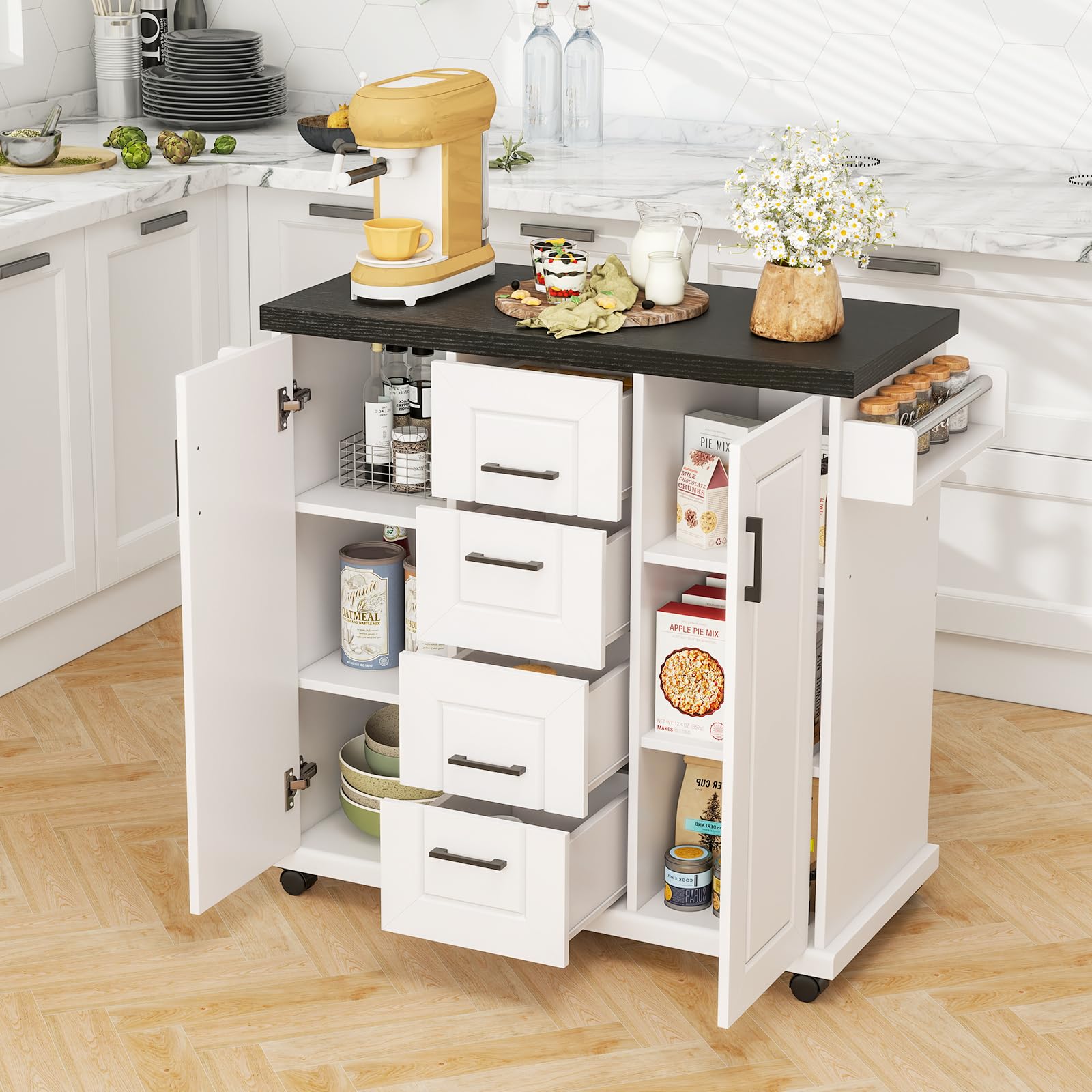 GOFLAME Kitchen Island Cart on Wheels, Rolling Kitchen Cart with Storage Cabinets, 4 Drawers, Towel Rack and Spice Rack, Mobile Serving Trolley Cart for Kitchen, Dining Room, White