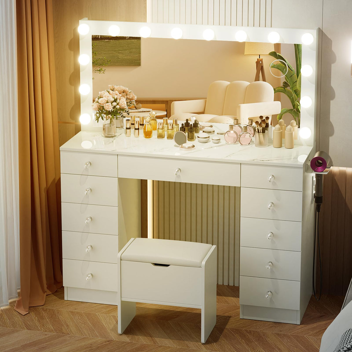 VOWNER Vanity with Lighted Mirror - 46" Makeup Vanity Desk with 11 Drawers