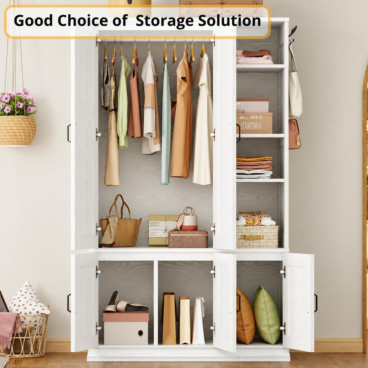 LIKIMIO Armoire Wardrobe Closet 70" H, 5 Doors for Bedroom, White