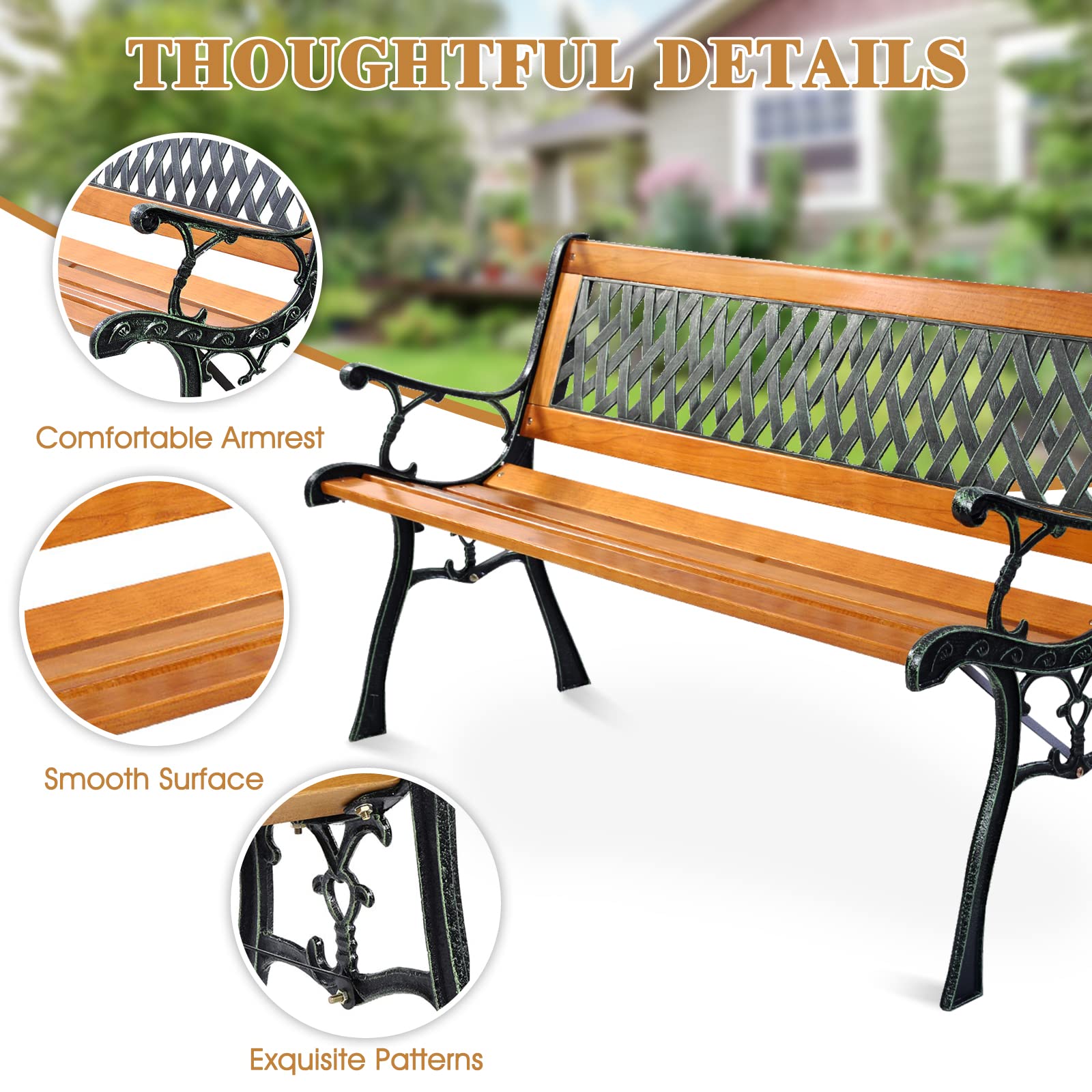 S AFSTAR Garden Bench, Pine Park Bench Porch Bench with Diamond Weaving Backrest, 470 LBS Bearing Capacity, Weatherproof Outdoor Wood Bench for Backyard Deck Lawn Poolside