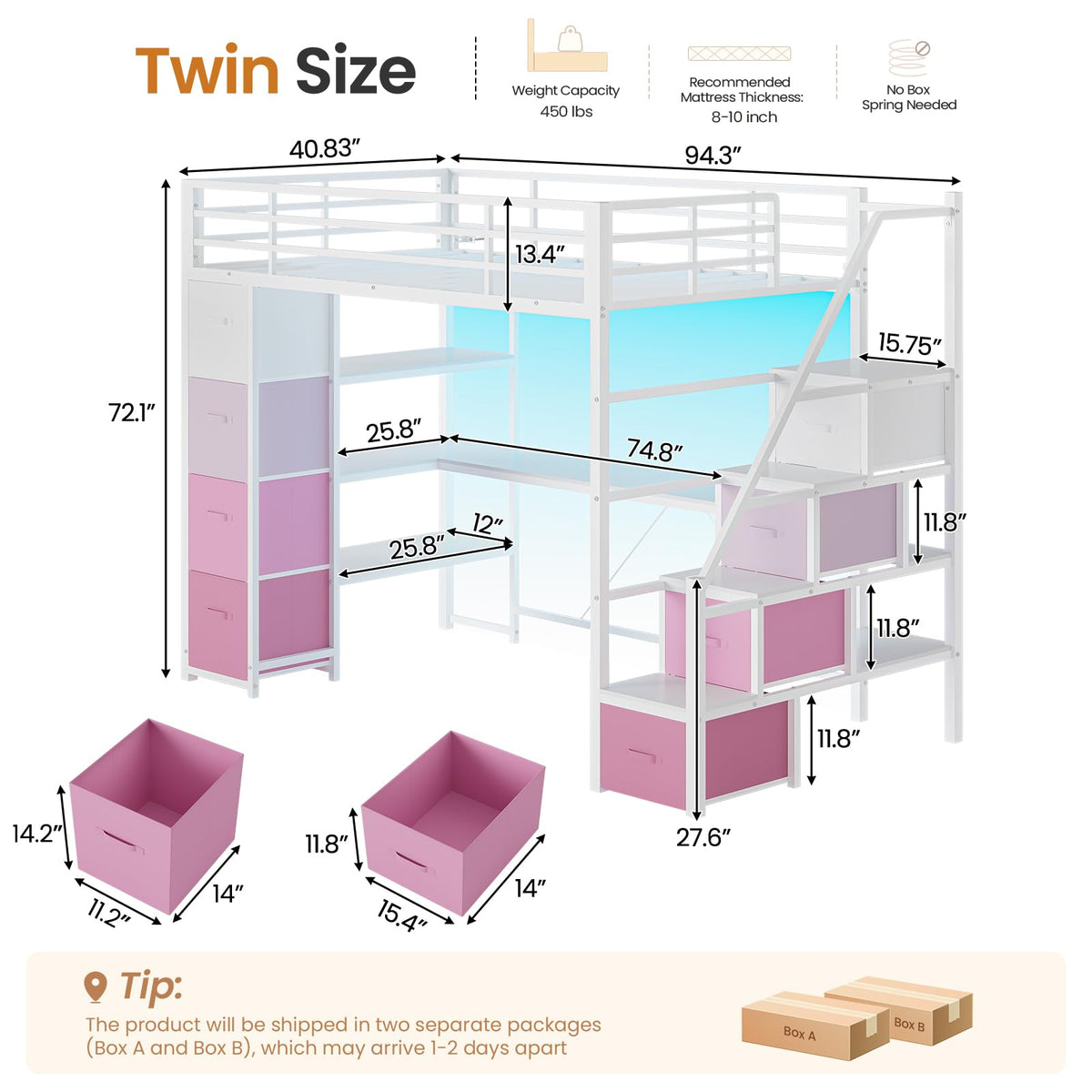 Twin Loft Bed with Desk and Storage Stairs