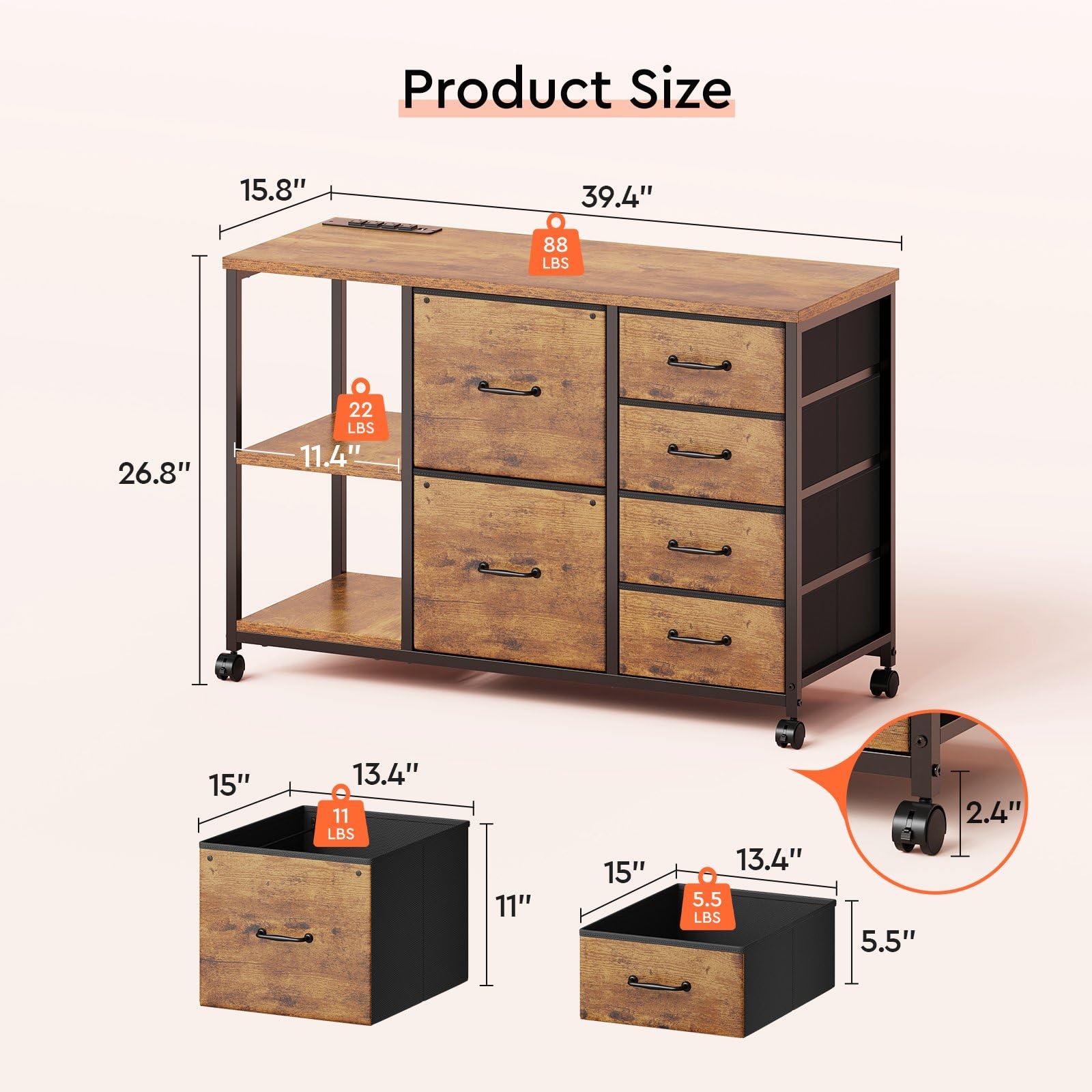 6-Drawer Rolling File Cabinet with Charging Station