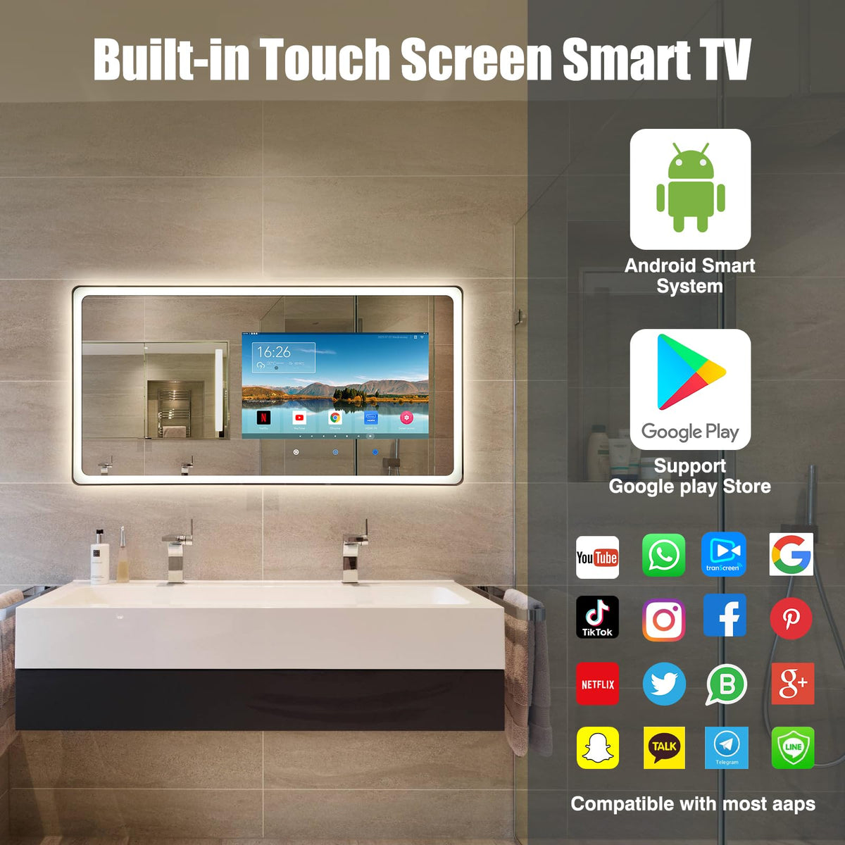 YOURYOKE 32×24 Inch Smart Vanity Bathroom Mirror with 15.6" Waterproof Touchscreen TV, Android OS, WiFi/Bluetooth/HDMI, Anti-Fog, 3-Color LED Lights for Bathroom,Bedroom,Hotel&Spa Wall Mounted