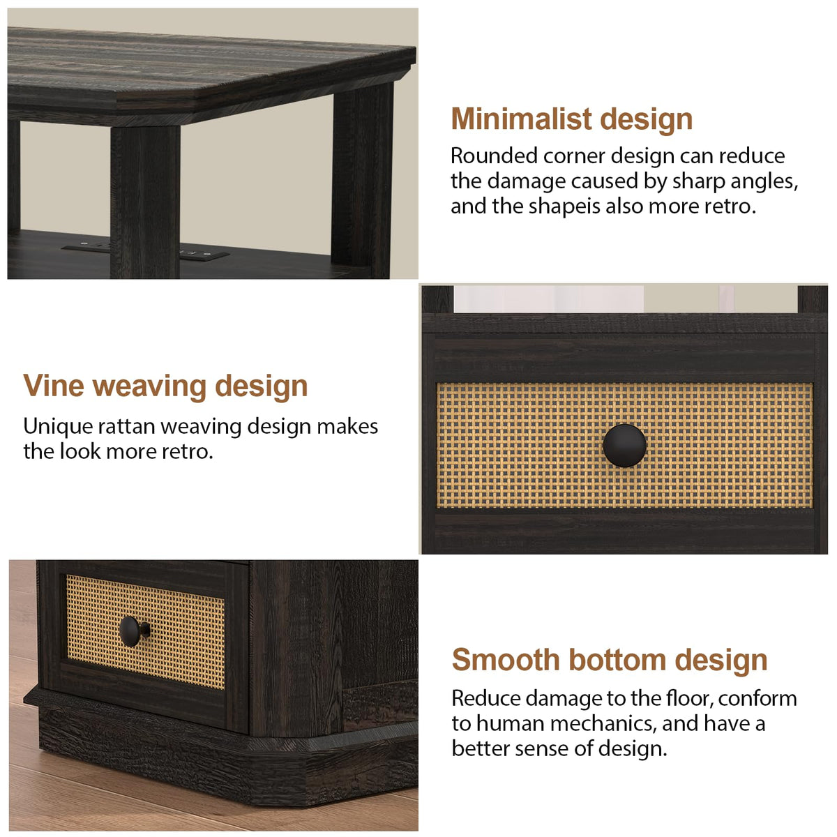 REDAYFUR End Table with Charging Station, 18" Small Modern Farmhouse Nightstand with Rattan Drawers, Tall Bedside Table & 2-Drawer Dresser for Bedroom, Living Room, Hallway, Black