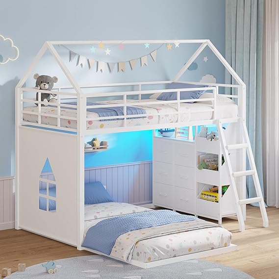 Twin Over Twin House Bunk Bed with LED Lights & Storage
