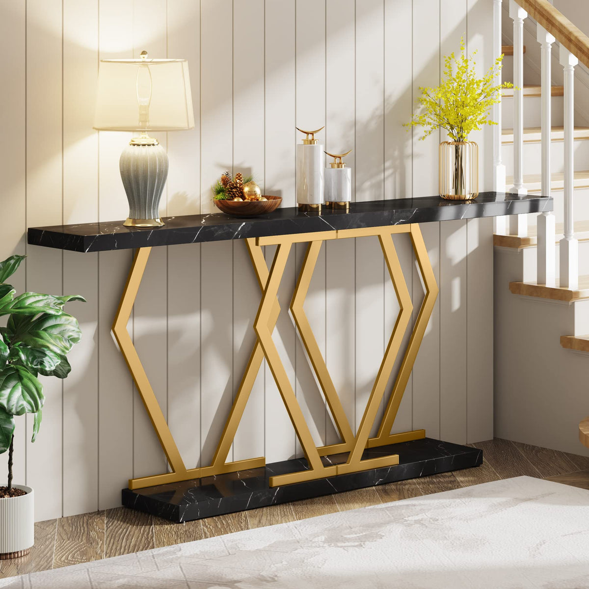 Black and Gold Faux Marble Console Table