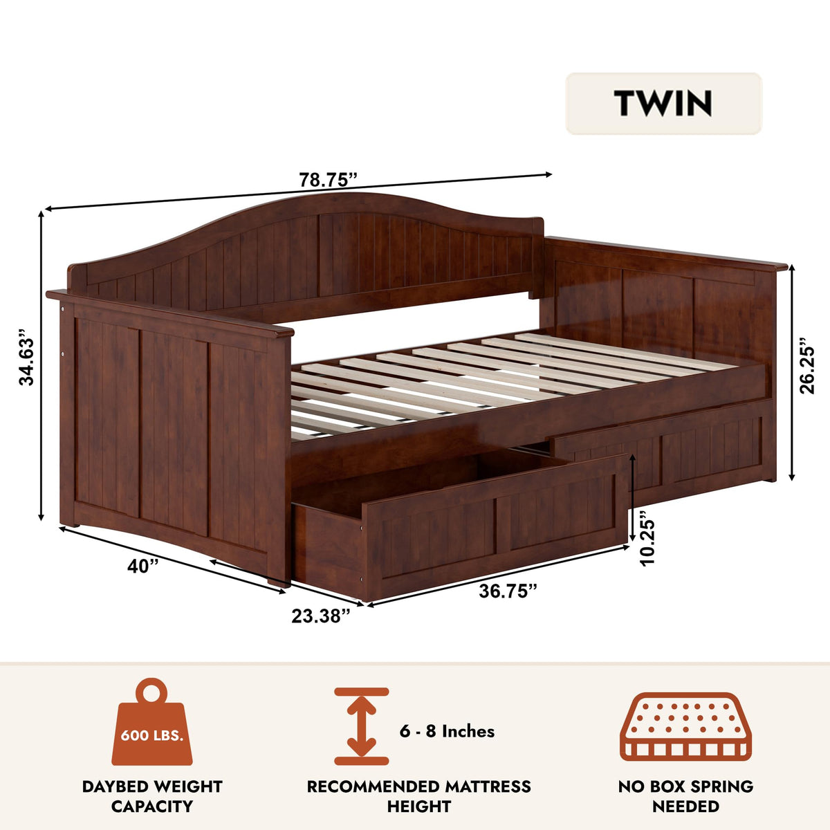 AFI, Nantucket Twin Size Wood Daybed Frame with 2 Storage Drawers, Walnut