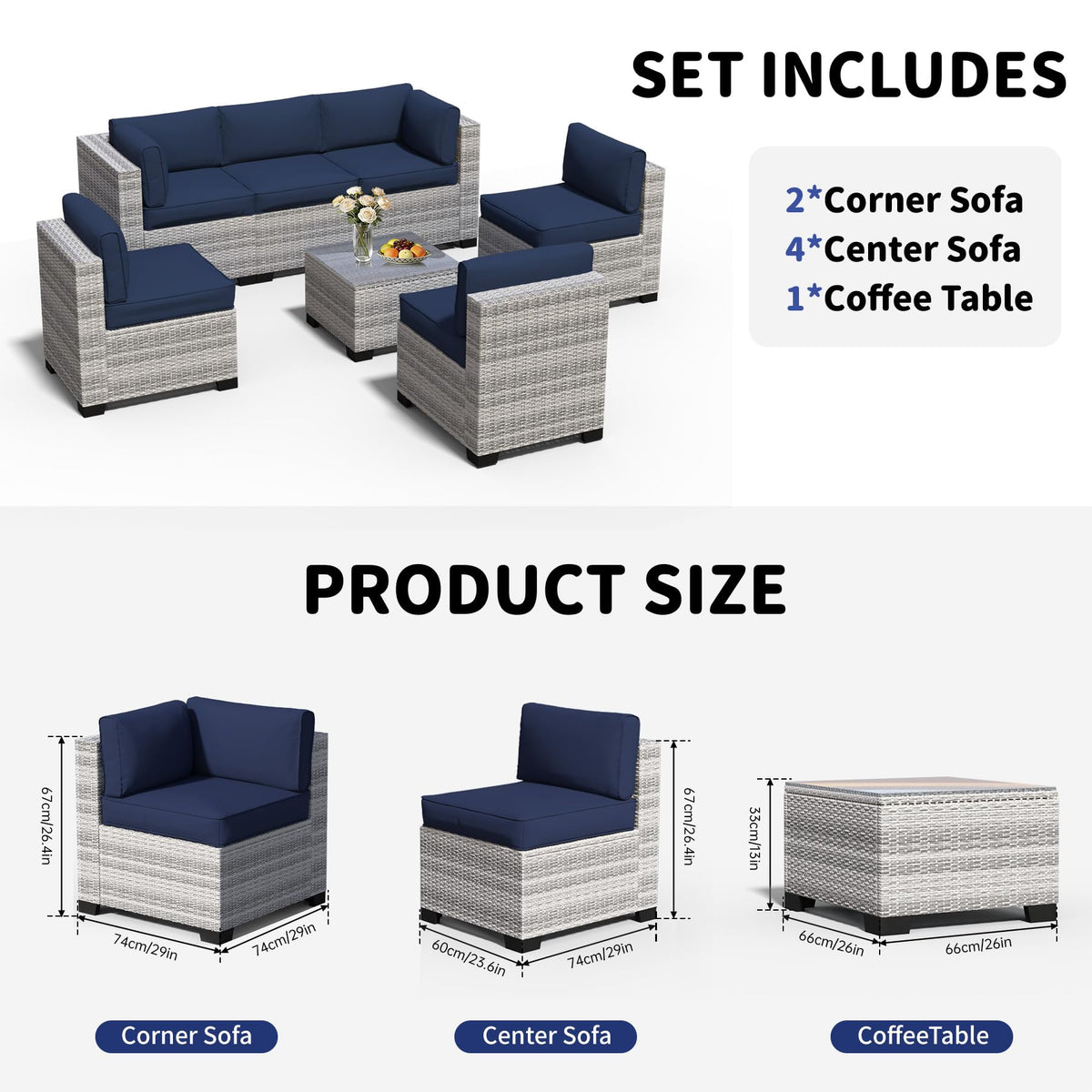 YLGJ&TIDY 7-Piece Outdoor Sectional Patio Furniture Set, All-Weather Wicker Rattan Sofa w/Thick Washable Cushions & Tempered Glass Table, Perfect for Garden, Poolside, Backyard (7, Gray White&Blue)
