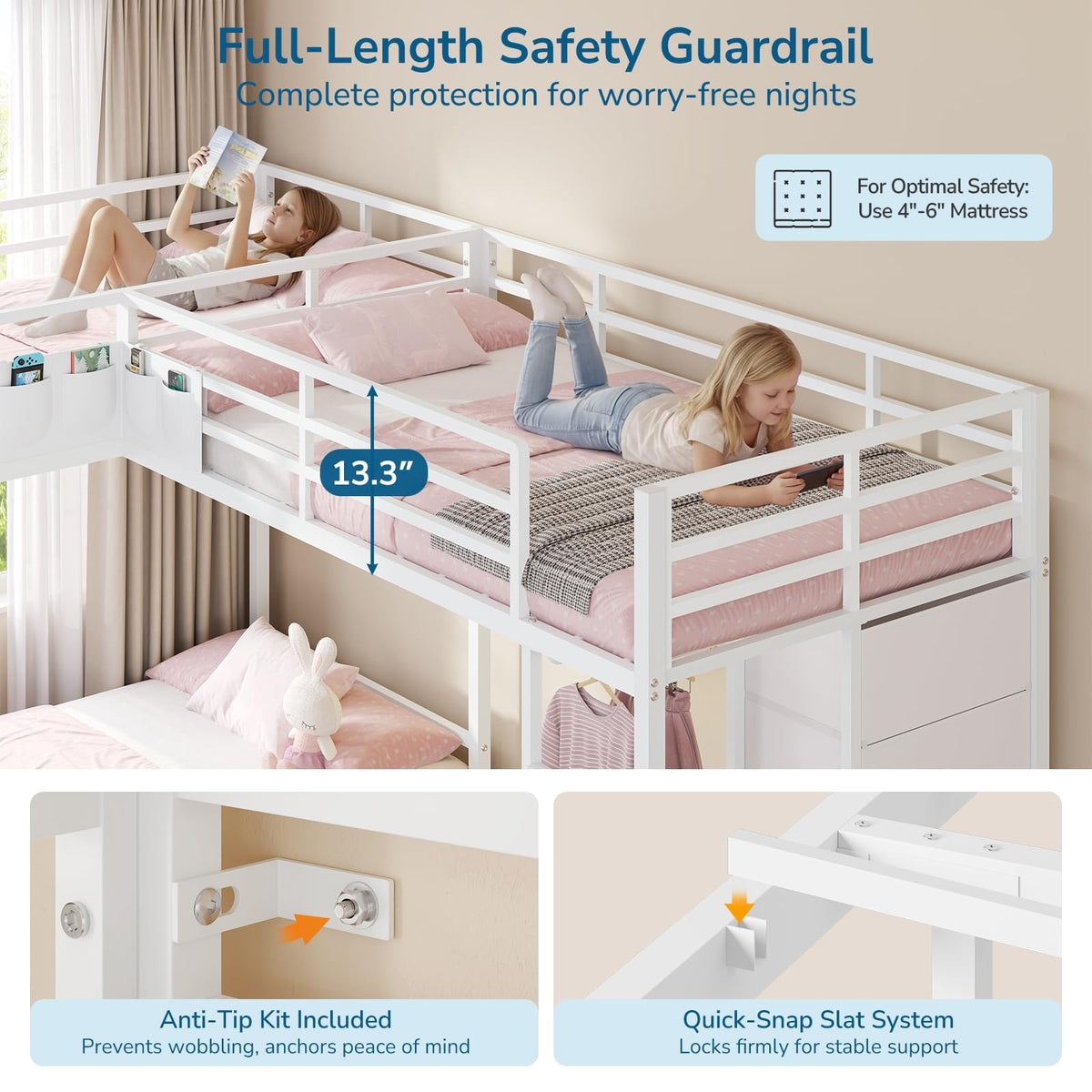 L-Shaped Triple Bunk Bed with Storage & LED Lights