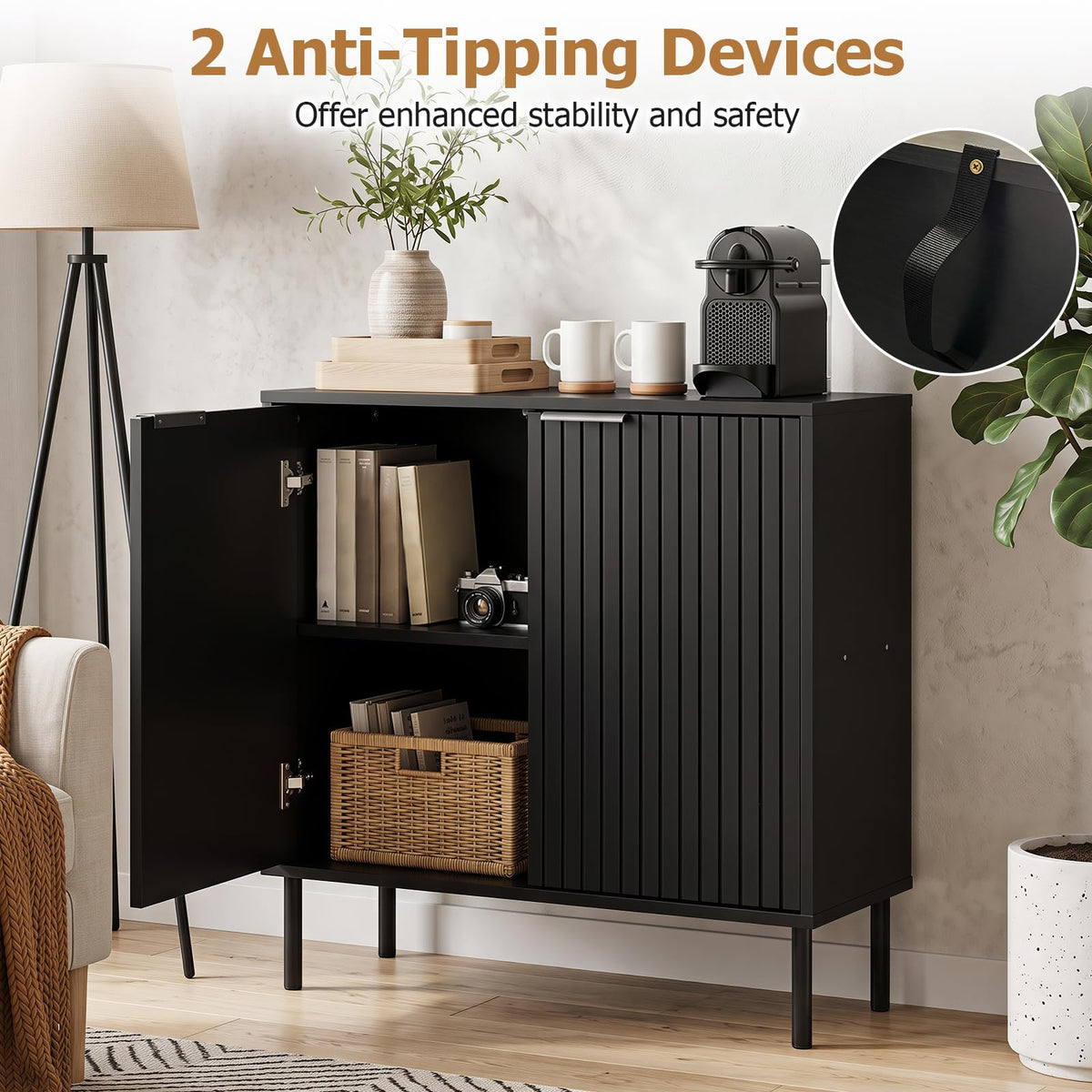GIANTEX Fluted Buffet Cabinet, 2-Door Sideboard w/Storage (Black)