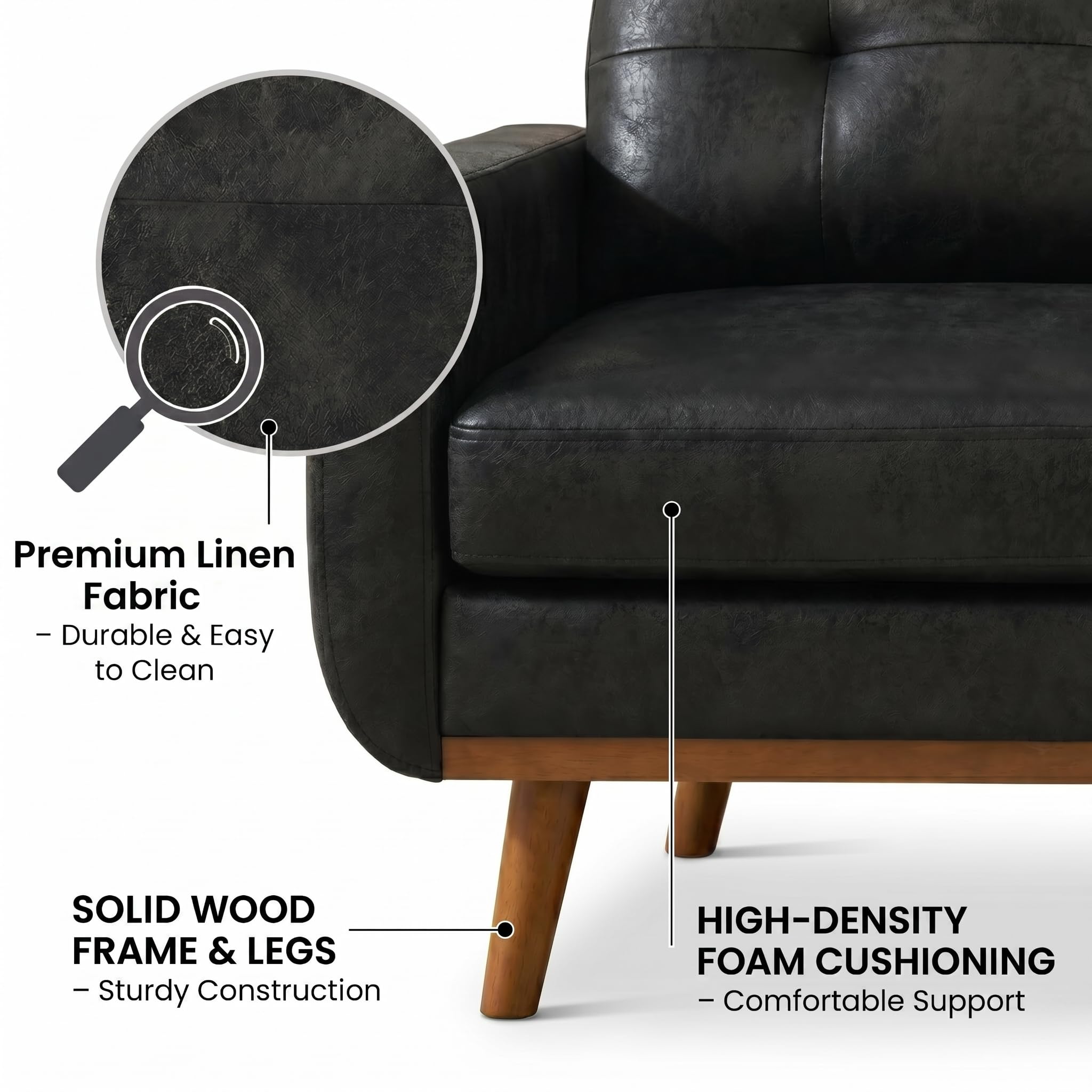 TYBOATLE 65" Loveseat Sofa, Mid Century Modern 2 Seater Couch Love Seat with Tufted Back, Square Arms & Wood Legs, Small Loveseat for Living Room, Bedroom, Apartment, Office (Black)