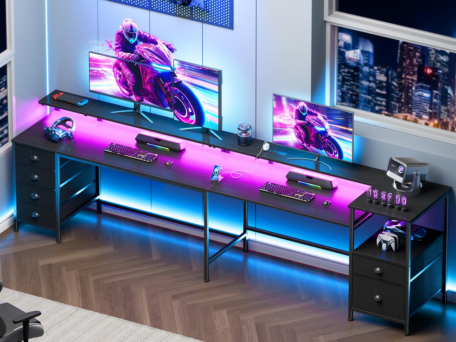 95" Two-Person Gaming & Office Desk with LED Lights, Power Outlets & Storage