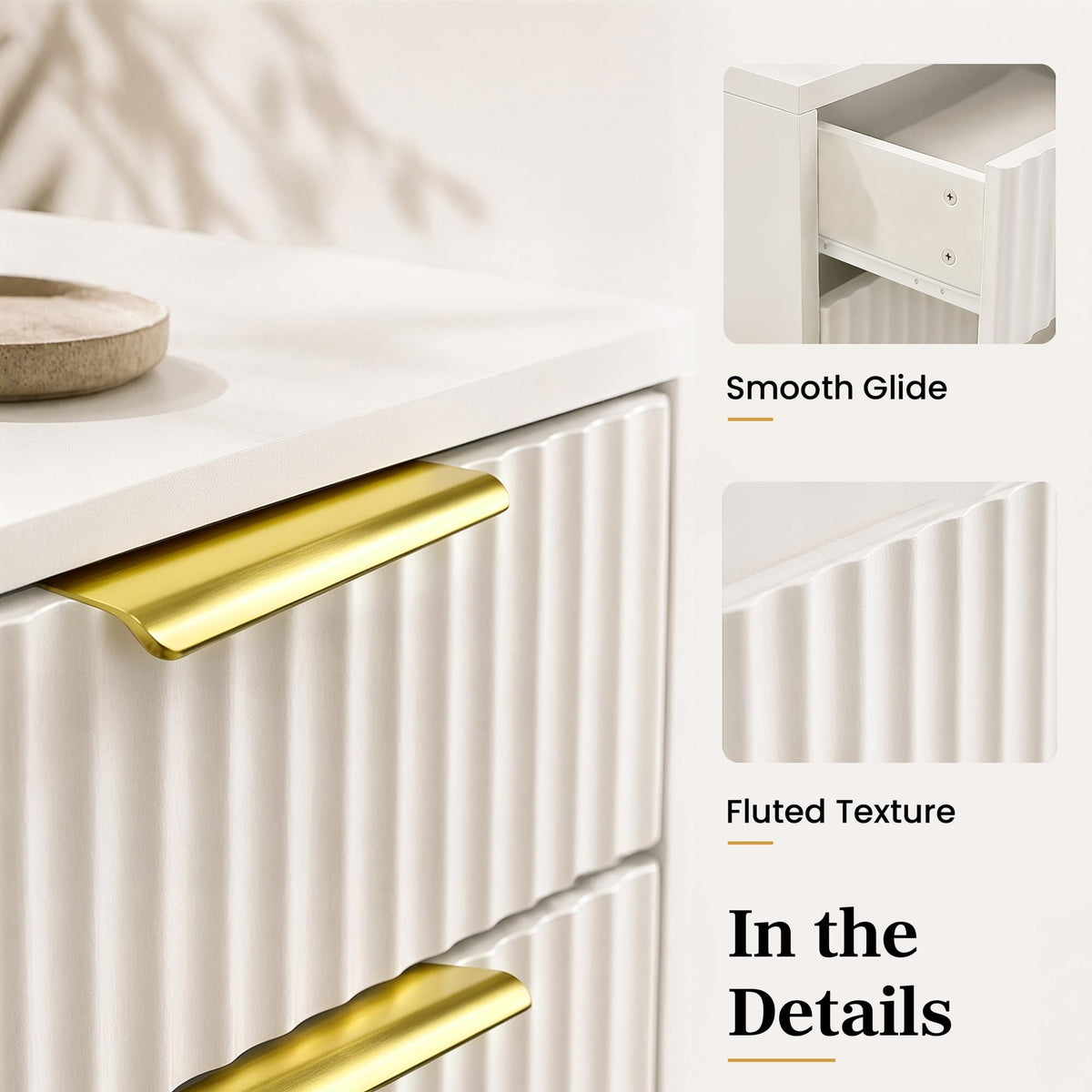 3-Piece Fluted Dresser and Nightstand Set, White and Gold
