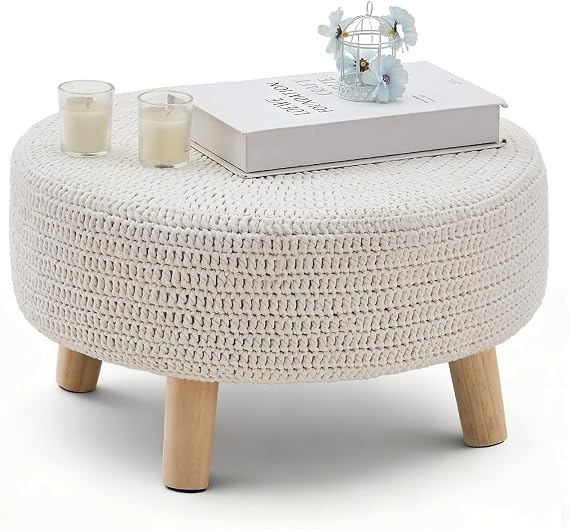 Round Knitted Cotton Pouf Ottoman with Wood Legs