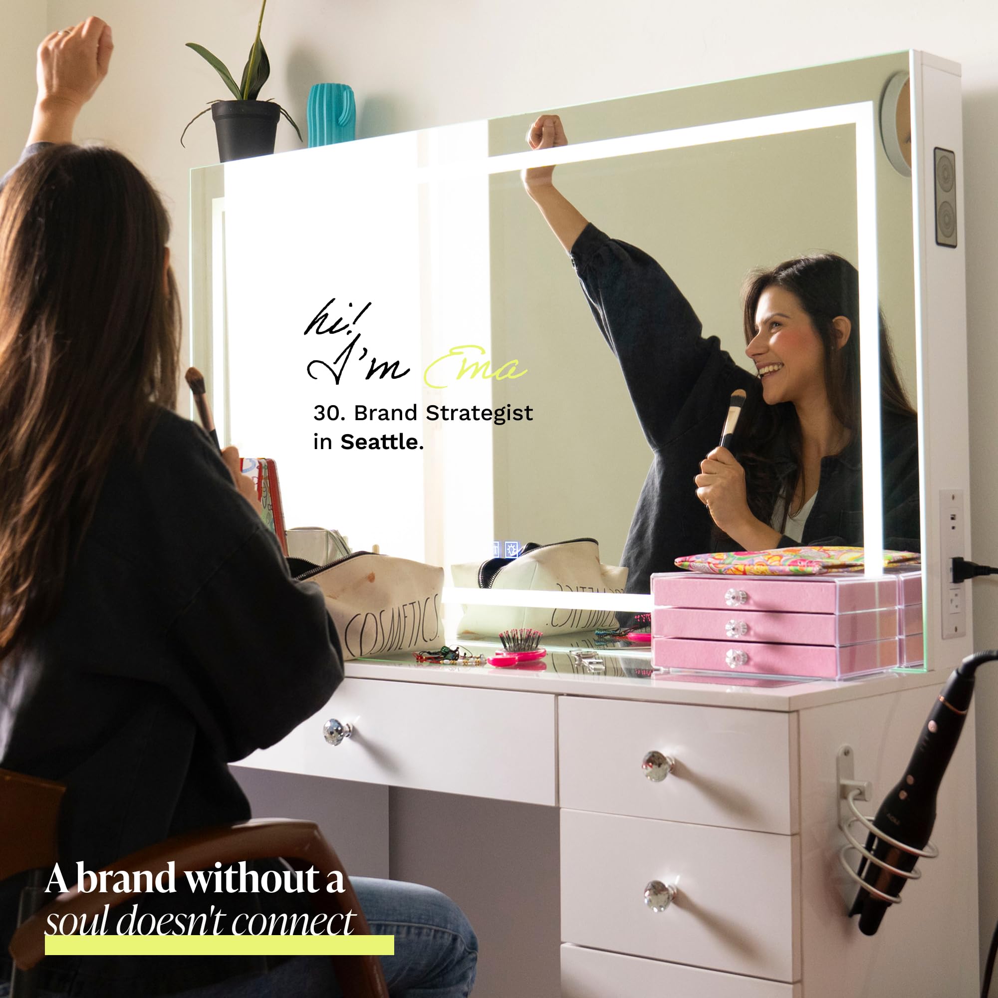 Boahaus Amelia Vanity Desk with LED Mirror – Complete Makeup Station with 11 Drawers, Integrated Power & Built-in Speakers