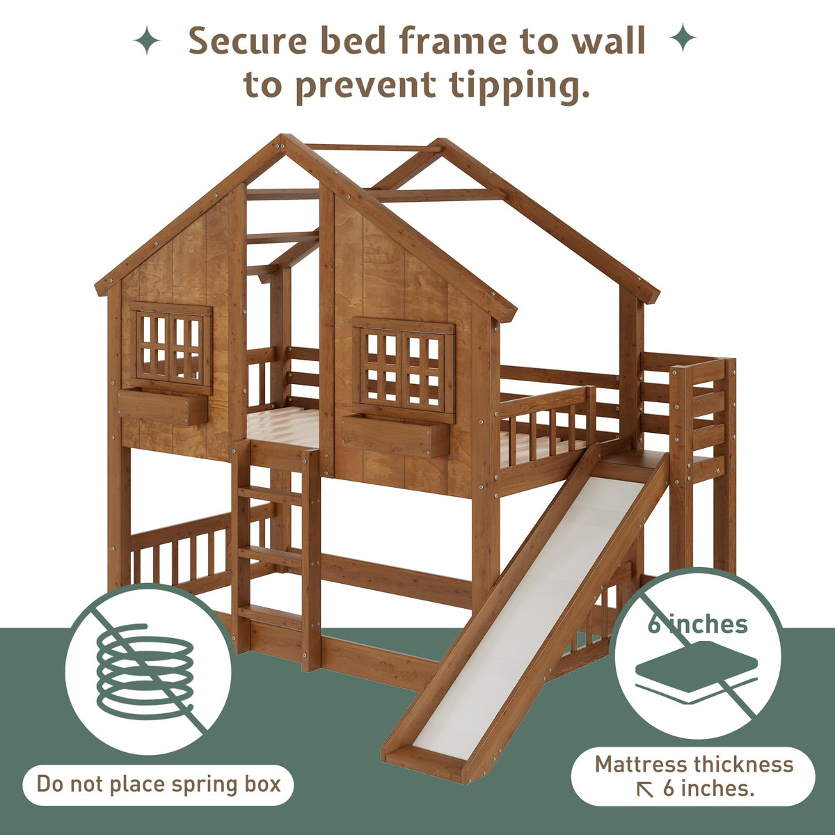 Jocisland Twin Over Twin Bunk Bed with Slide and Ladder, Solid Wood, Oak