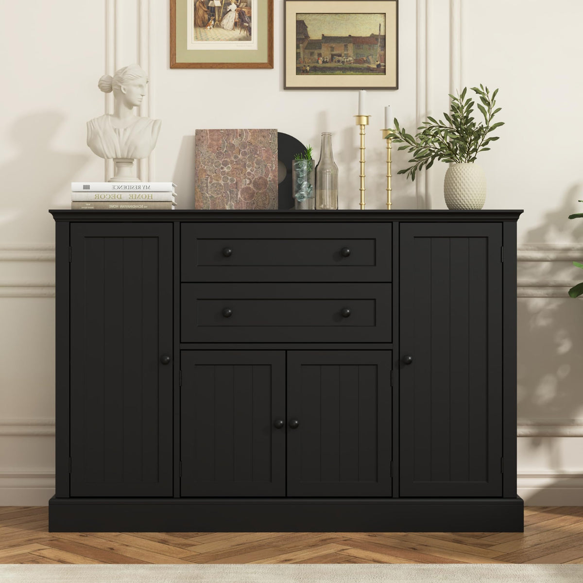 DecoFurn Farmhouse 47" Buffet Cabinet with Storage,Large Sideboard Buffet with Drawers and Adjustable Shelves, Rusitc Coffee Bar Cabinet for Kitchen, Black