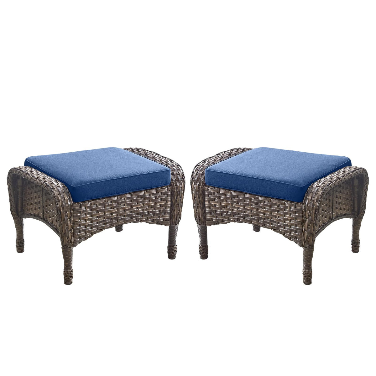 ACTREST Outdoor Ottomans Patio Footrest Set of 2 - High Back Comfortable Brown Wicker Rattan Steel Frame Footstool Additional Bench Side Table for Porch Balcony Deck Garden Poolside - Navy Blue