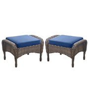 ACTREST Outdoor Ottomans Patio Footrest Set of 2 - High Back Comfortable Brown Wicker Rattan Steel Frame Footstool Additional Bench Side Table for Porch Balcony Deck Garden Poolside - Navy Blue