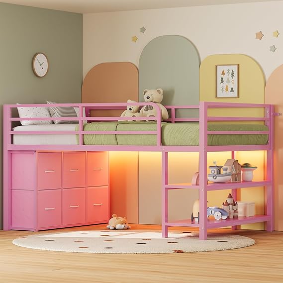 Twin Low Loft Bed with LED Lights & Storage Drawers