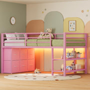 Kids Twin Low Loft Bed with LED Lights & Storage