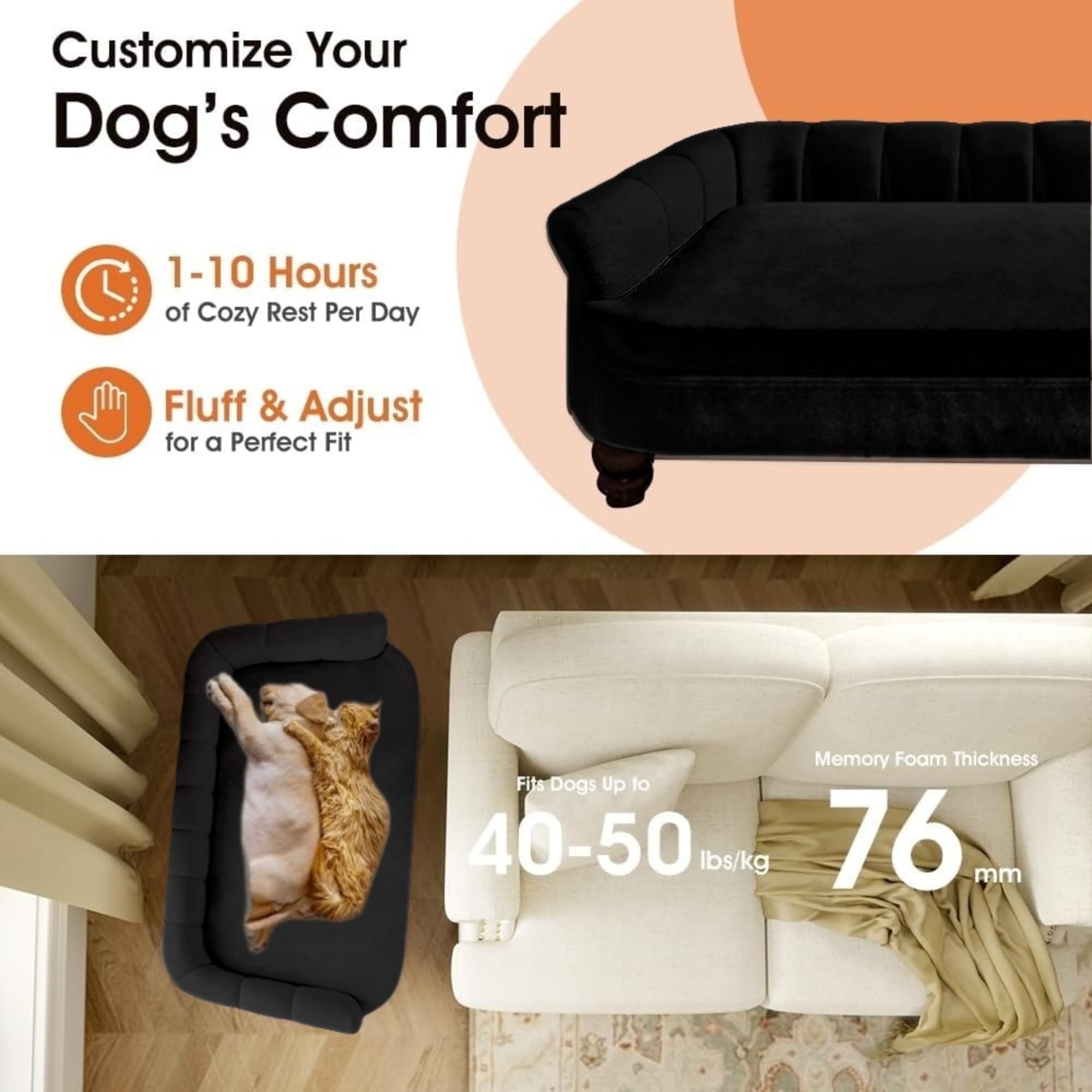 Large Dog Sofa Bed – Velvet, Wood Frame, Washable Cushion
