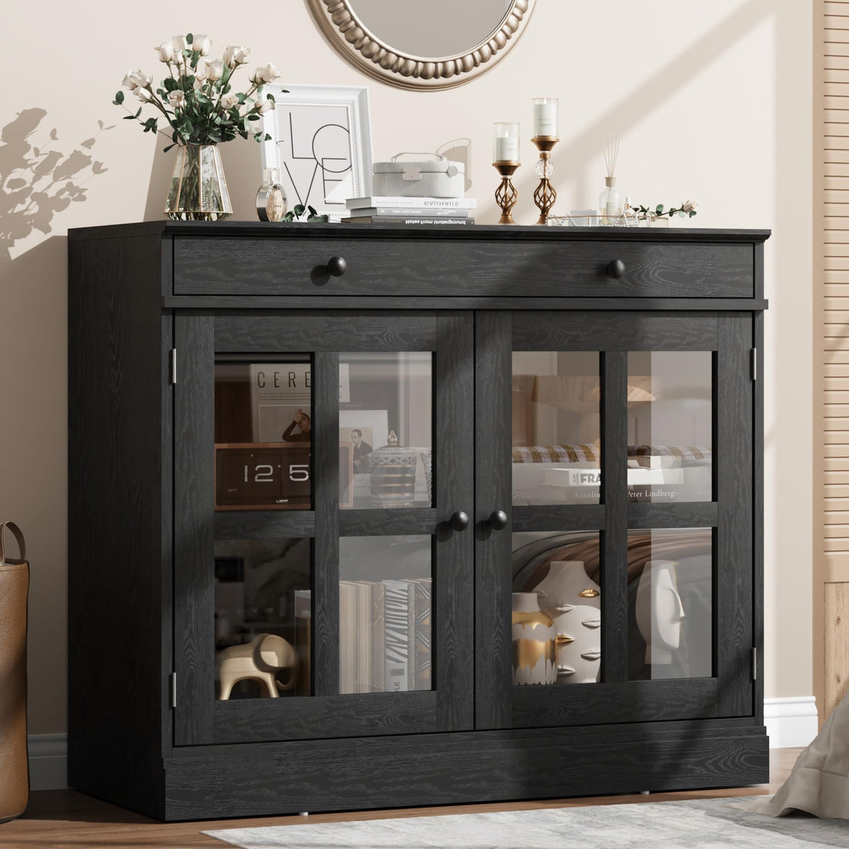 GarveeHome Modern 35.4" Sideboard Buffet Cabinet with Glass Door, Black