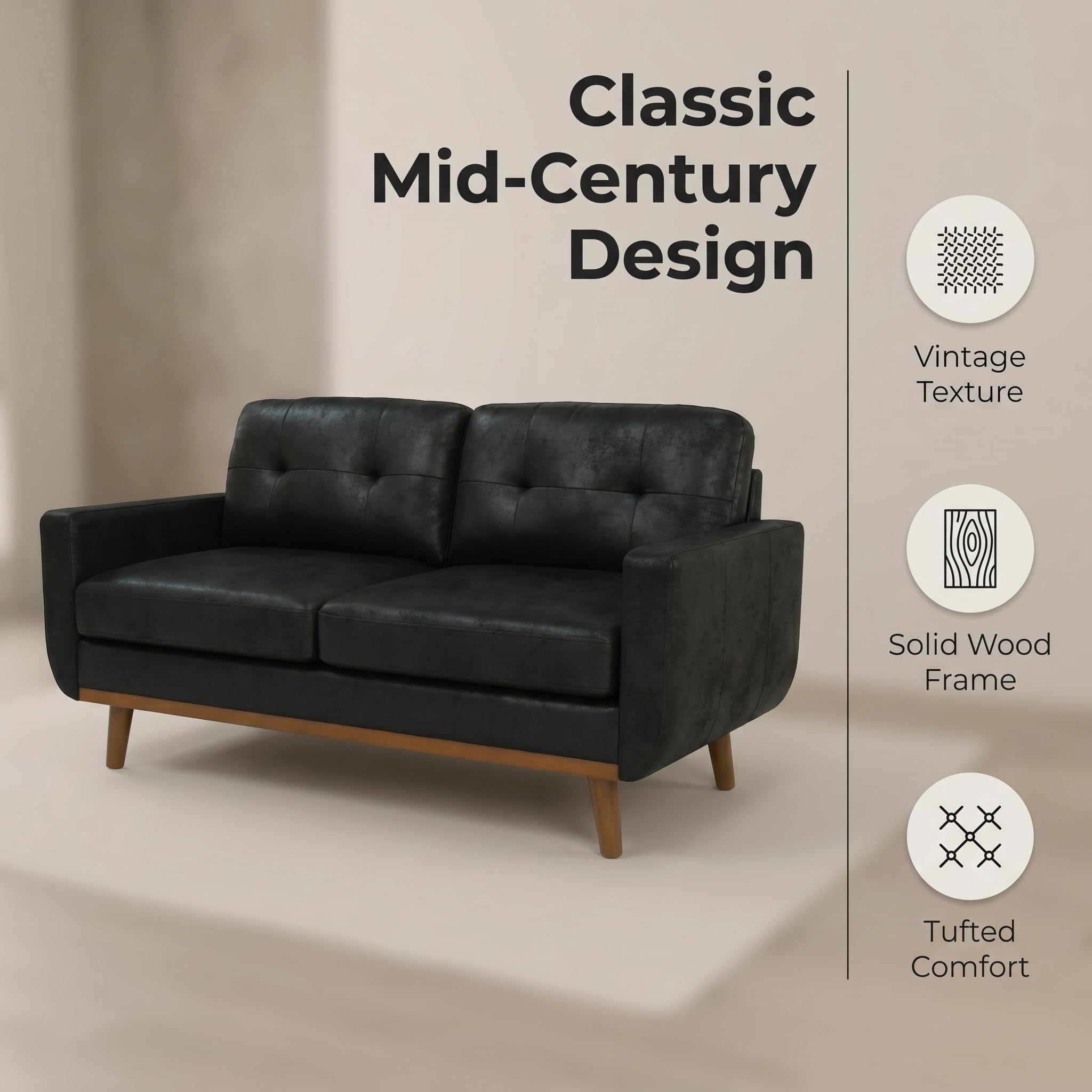 TYBOATLE 65" Loveseat Sofa, Mid Century Modern 2 Seater Couch Love Seat with Tufted Back, Square Arms & Wood Legs, Small Loveseat for Living Room, Bedroom, Apartment, Office (Black)