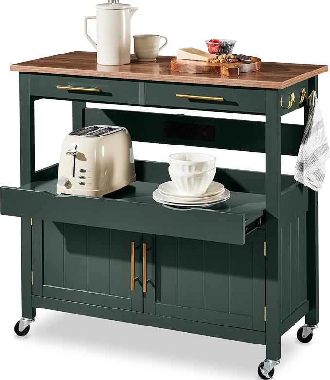 Rolling Kitchen Island Cart with Power Outlets