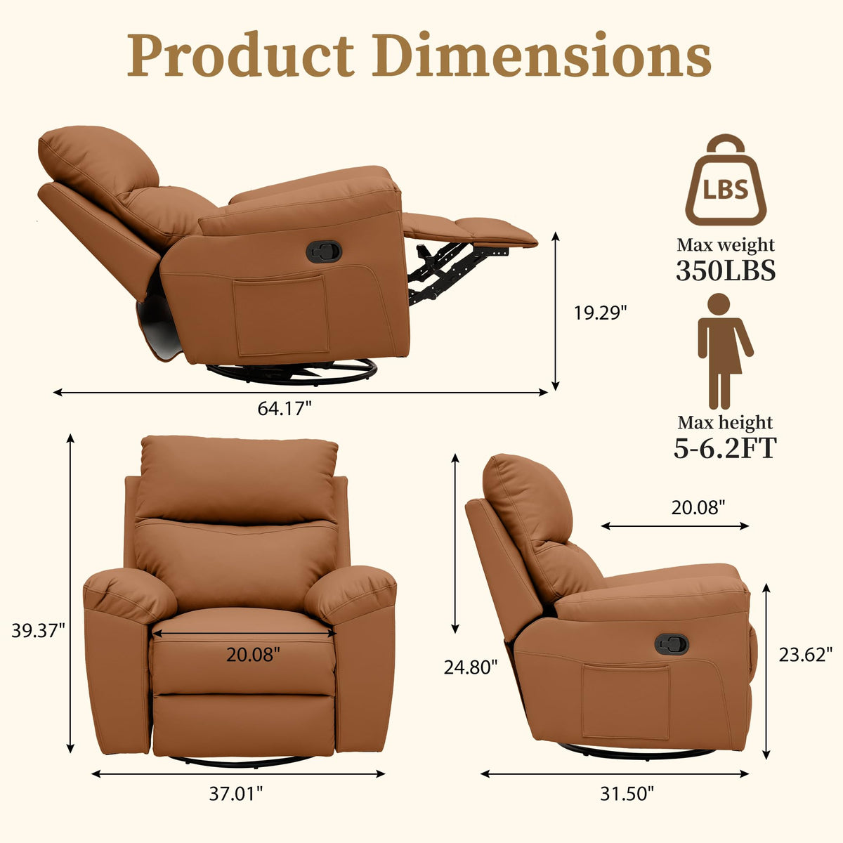 Chizzyseat Genuine Leather Rocker Recliner Manual Swivel Recliner, Brown