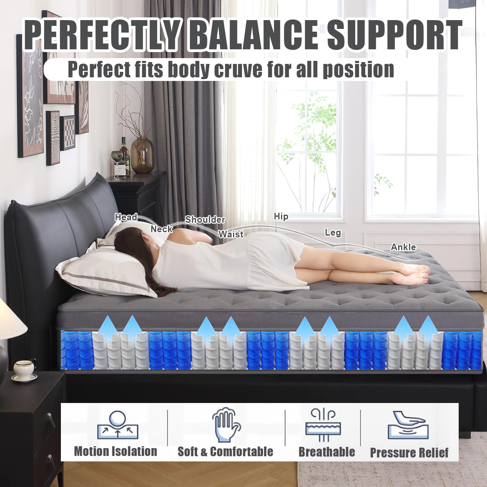 Vantto Queen Mattresses, 14 Inch Queen Size Hybrid Memory Foam Mattress with Upgrade Pocket Springs, Pressure Relief, Breathable Comfort and Durable, CertiPUR-US Certified, Medium Firm