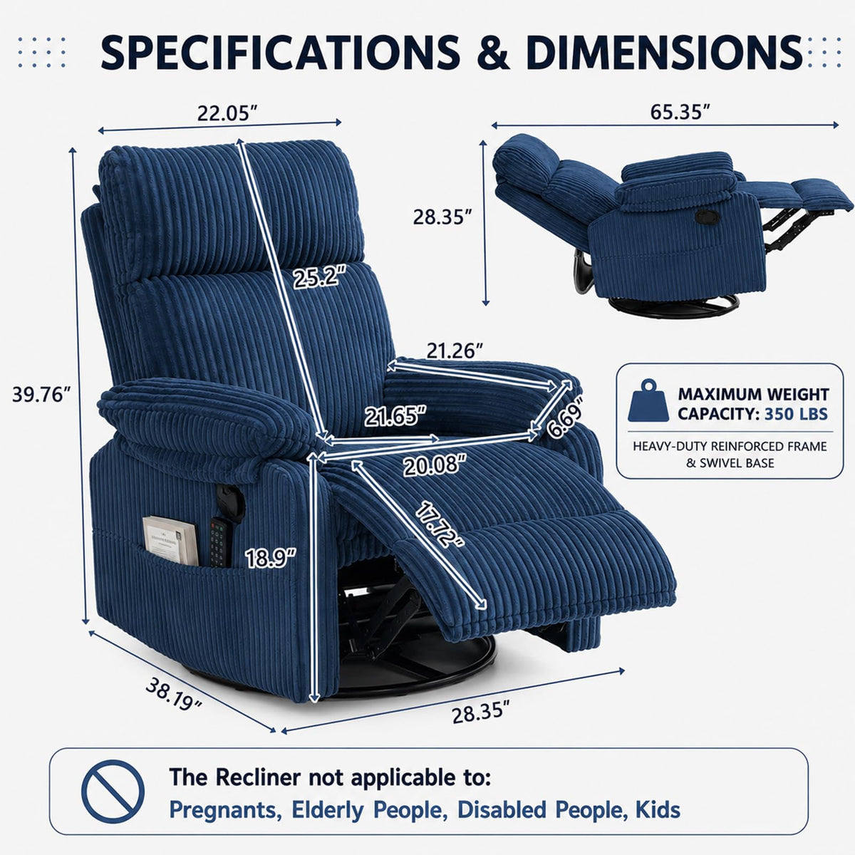 YunKiTech 360° Swivel Rocker Corduroy Manual Recliner Chair 350LBS Blue