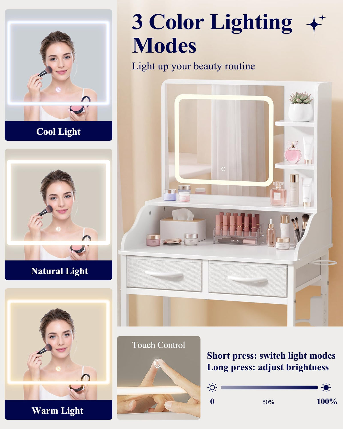 Kitsure 23.6" W Small Vanity Desk with Mirror and Lights, Power Outlet