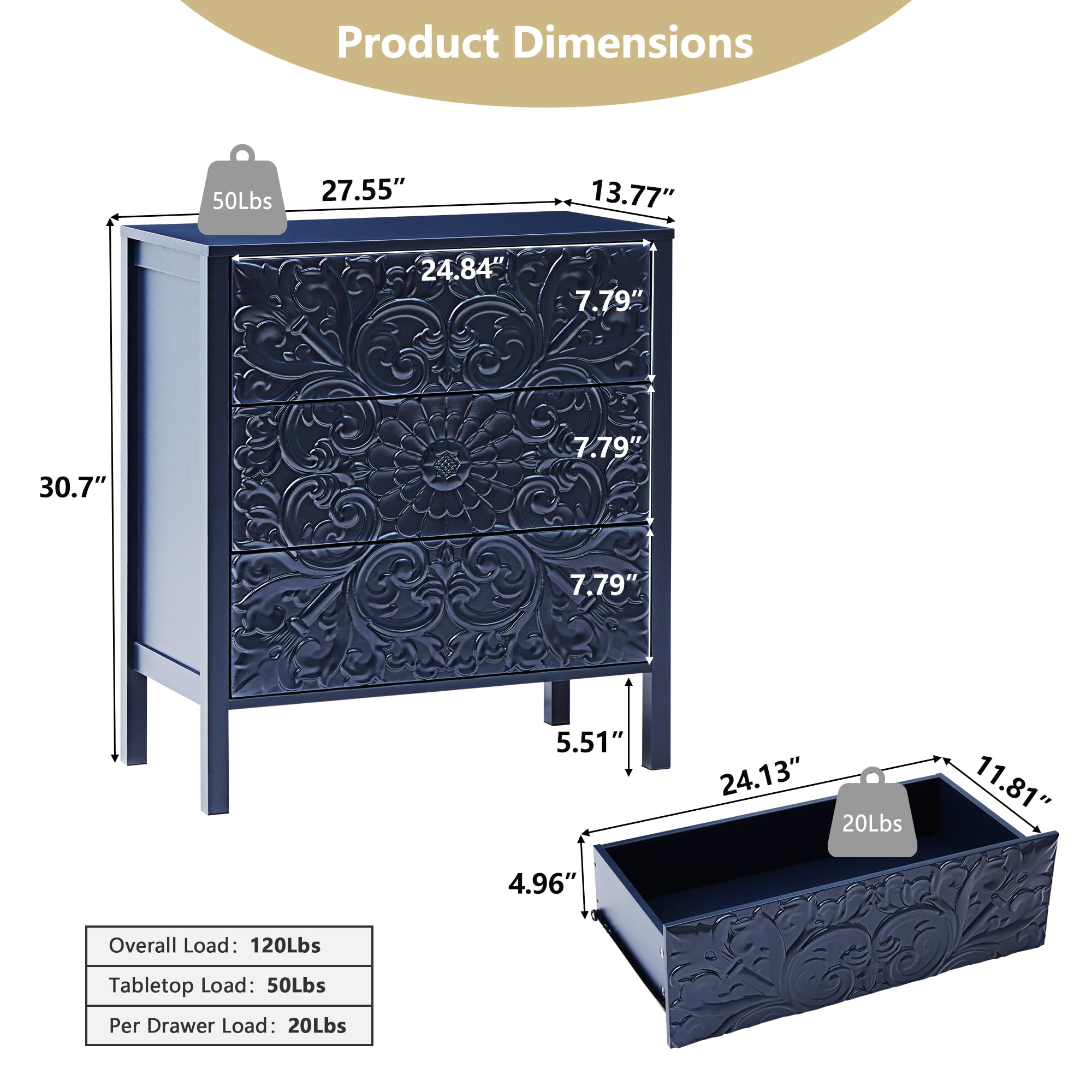 weselon 3 Drawer Flower Motif Dresser, Accent Dresser Chest with 3 Drawers, Luxury Nightstands Set of 2 for Bedroom, Small Wide Nightstand for Living Room, Bedroom, Entryway (2, Gray Blue)