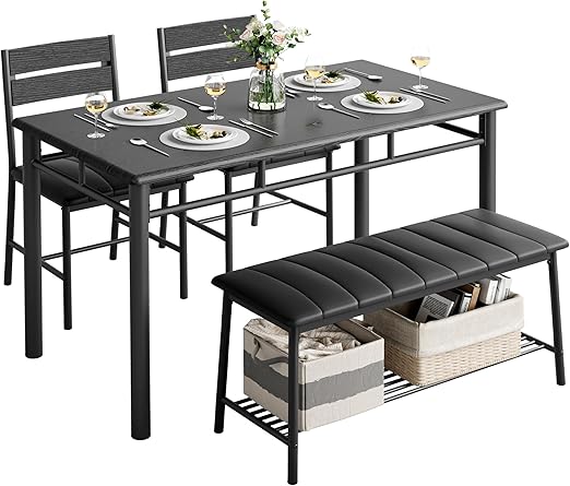 4-Piece Industrial Dining Table Set with Bench & 2 Chairs