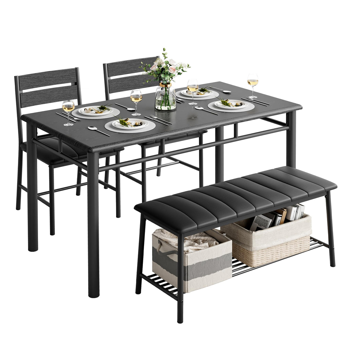 IRONCK Dining Table Set for 4, Kitchen Table and Chairs Set, Black