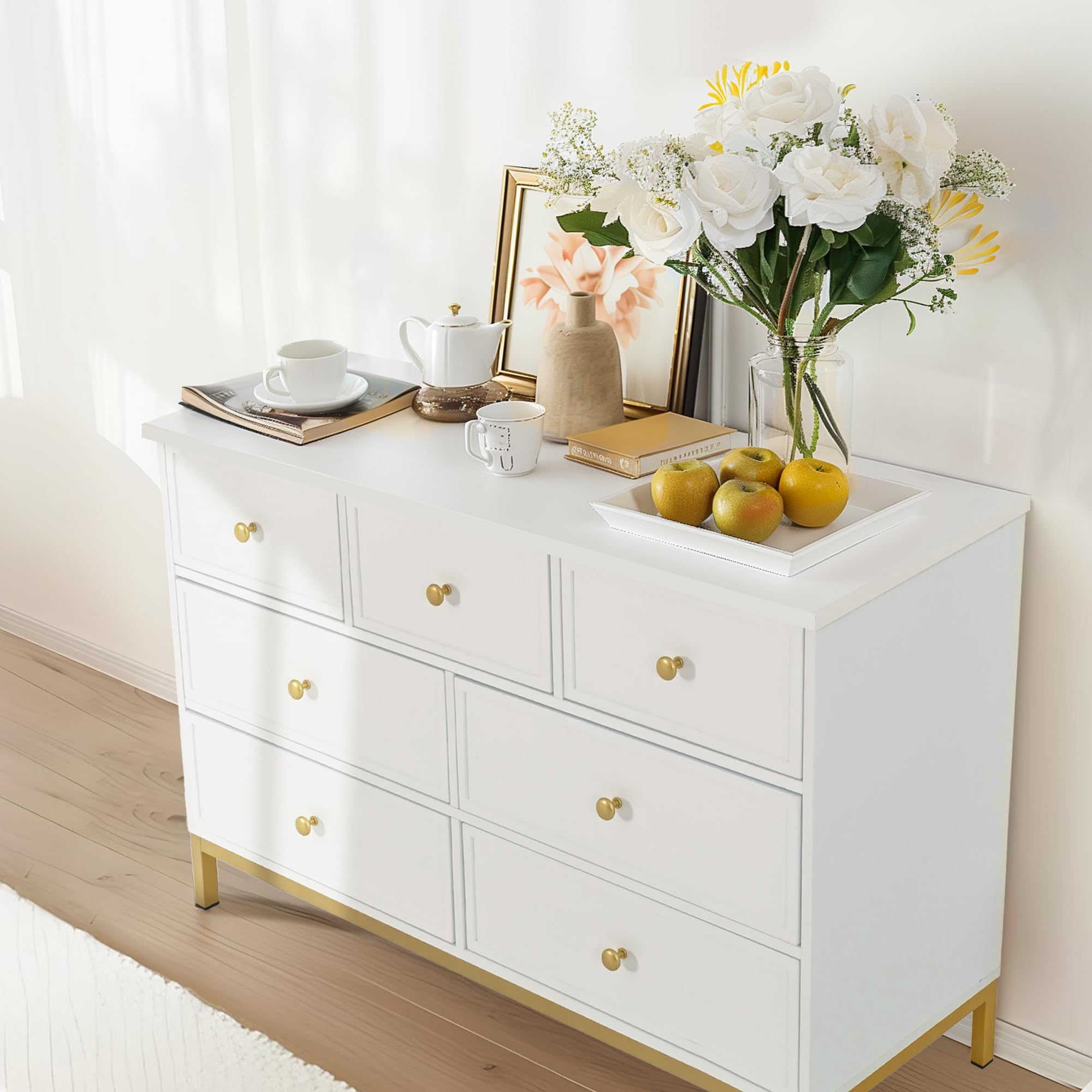Pamapic Modern 7-Drawer White Dresser,47" White Wooden Dresser for Bedroom, Storage Organizer with Deep Drawers & Metal Handles for Bedroom, Entryway, Hallway