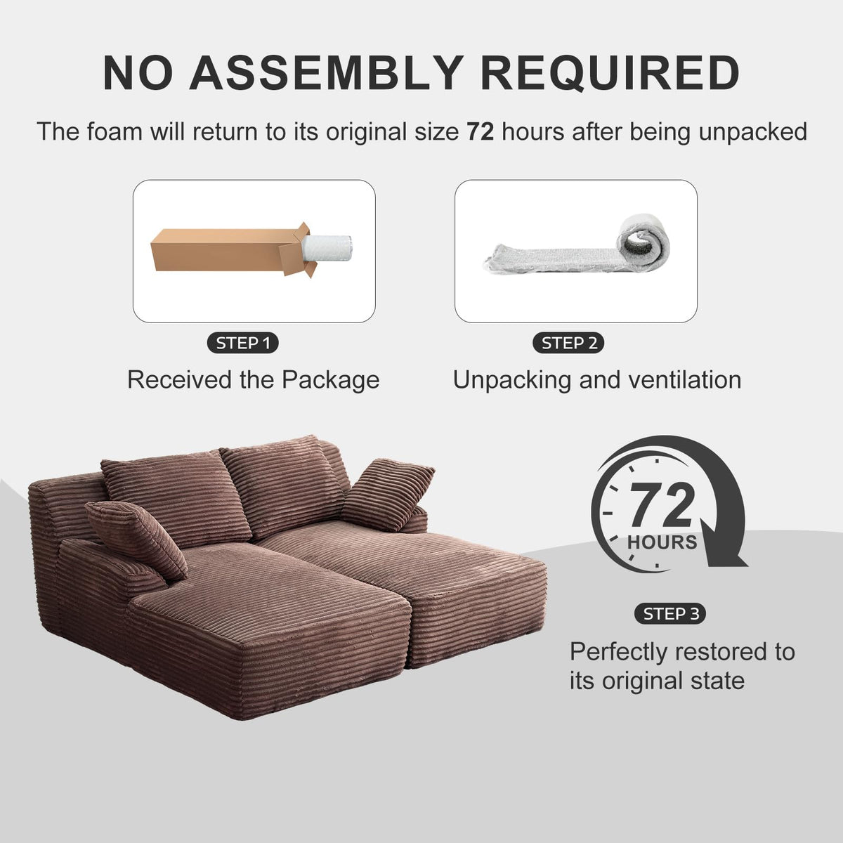 Forrise Oversized Chaise Lounge Chair Indoor, Corduroy Upholstered Boneless Sofa Bed, Deep Seat Sleeper Couch Reading Chairs, Cloud Sofas for Living Room, No Assembly Required (Brown, Double Size)