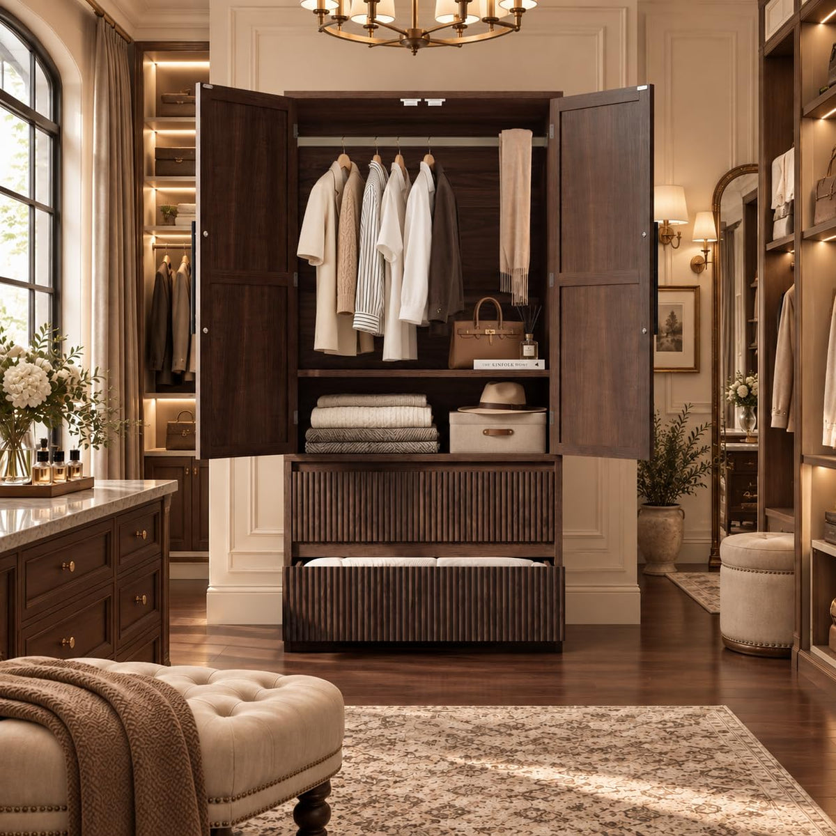 IDEALHOUSE Bedroom Armoire Wardrobe Closet w/ Wood Door & 2 Fluted Drawers