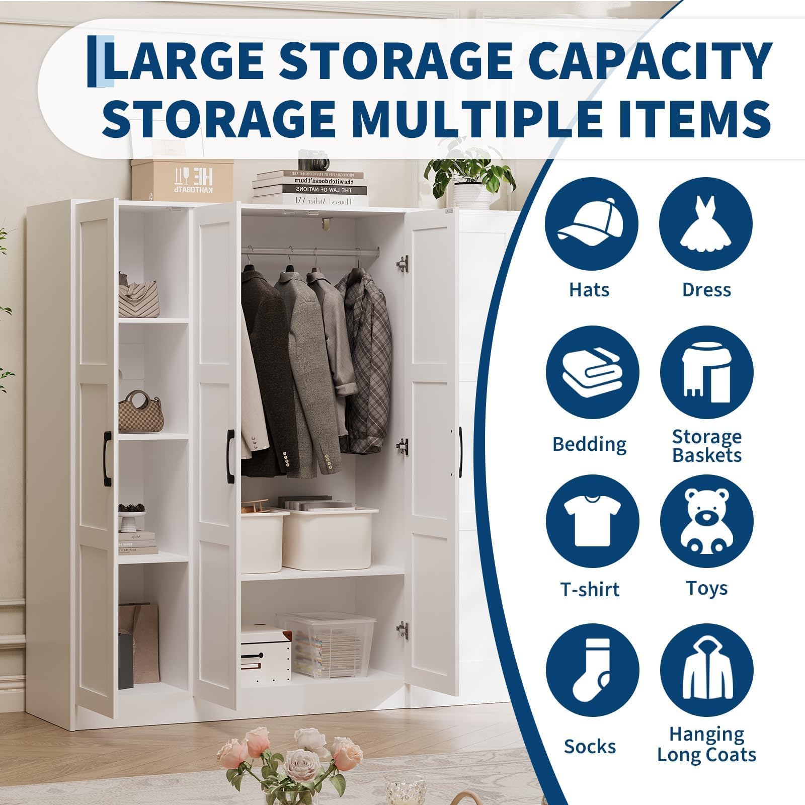 PeakPursuit Wooden Wardr.obe Closet Arm.oire, Freestanding Ward.Robe with 3 Doors, 2 Drawers for Hanging Clothes, Bedroom Large Capacity Freestanding Arm.oire