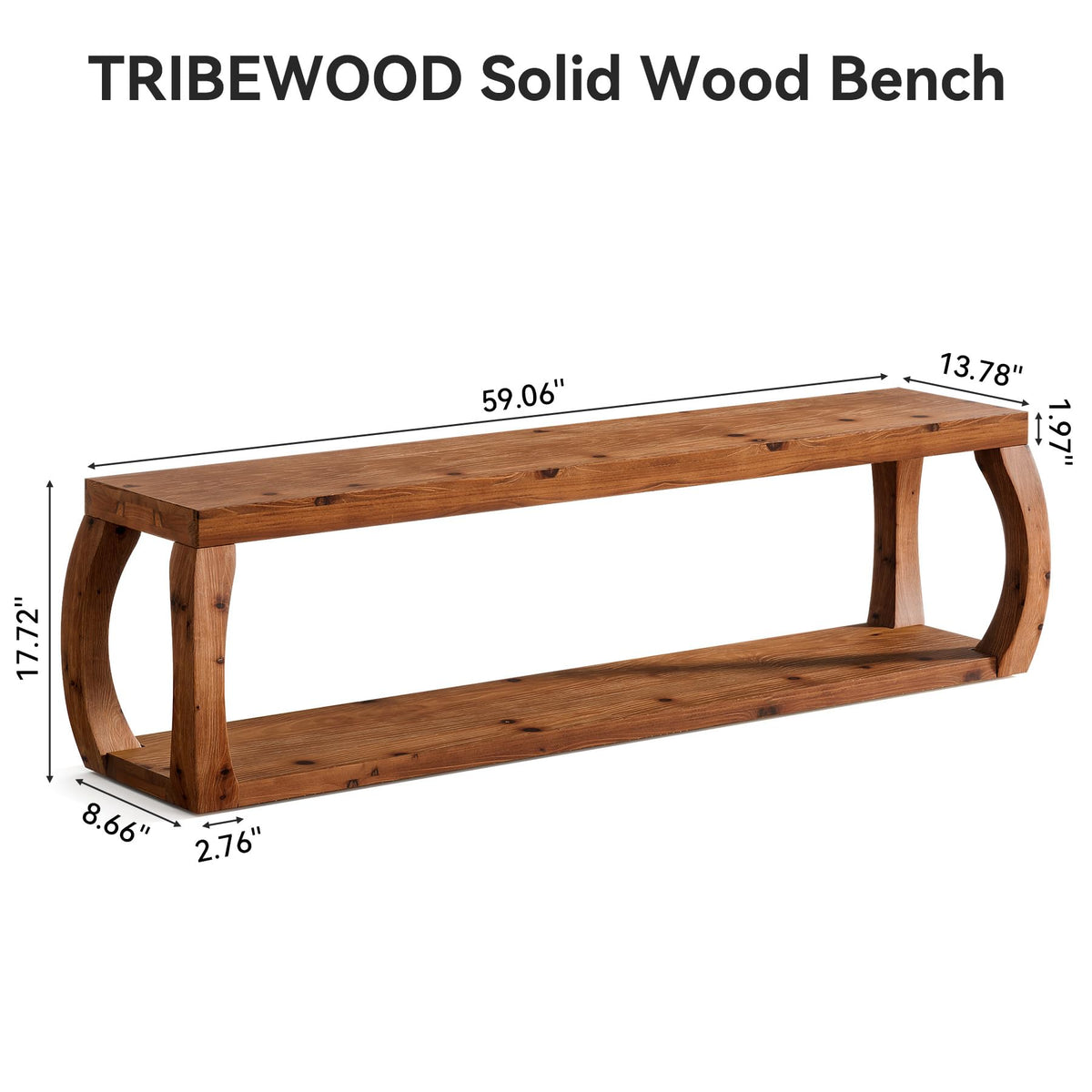 TRIBEWOOD 2-Tier Solid Wood Entryway Bench, 59" Long Farmhouse End of Bed Bench with Open Shelves, Rustic Shoe Storage Wooden Seating for Entry, Kitchen, Living Room, Bedroom, Hallway (Rustic Brown)