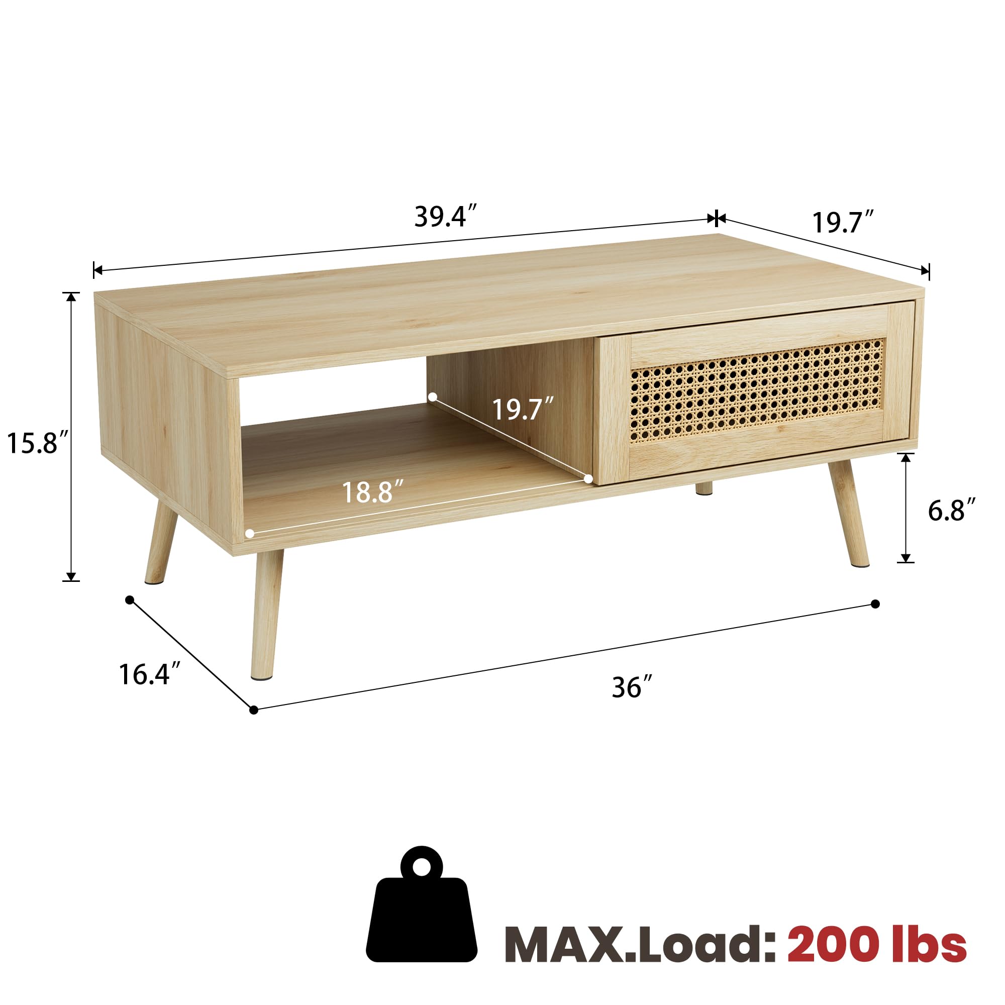 IDEALHOUSE Living Room Table Sets of 2, Includes 47" Rattan TV Stand Storage Cabinet for 55" TV, Farmhouse Coffee Table with Storage Shelf for Bedroom