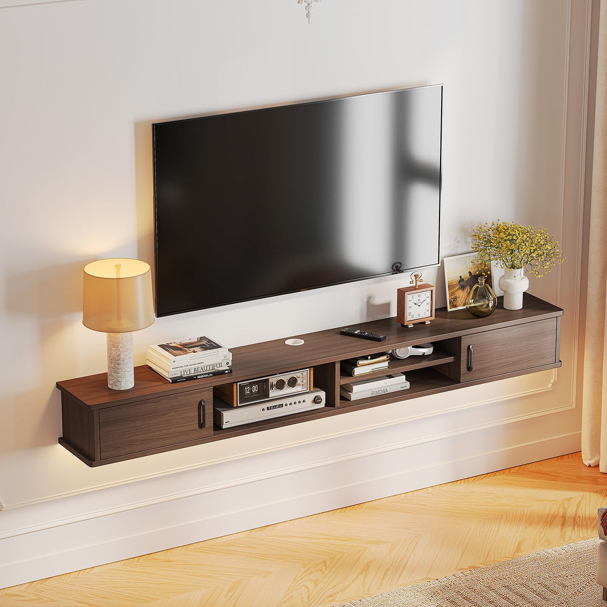 FurniNova 78'' Floating TV Stand with Doors & Open Cabinets,Walnut