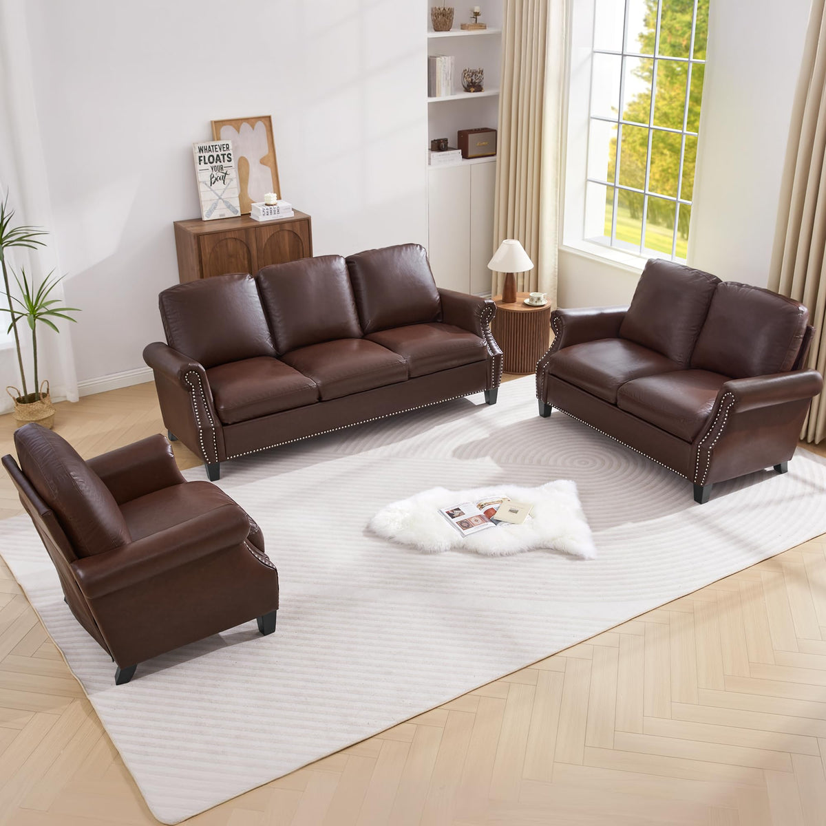 Brown PU Leather Sofa Set, 3-Piece
