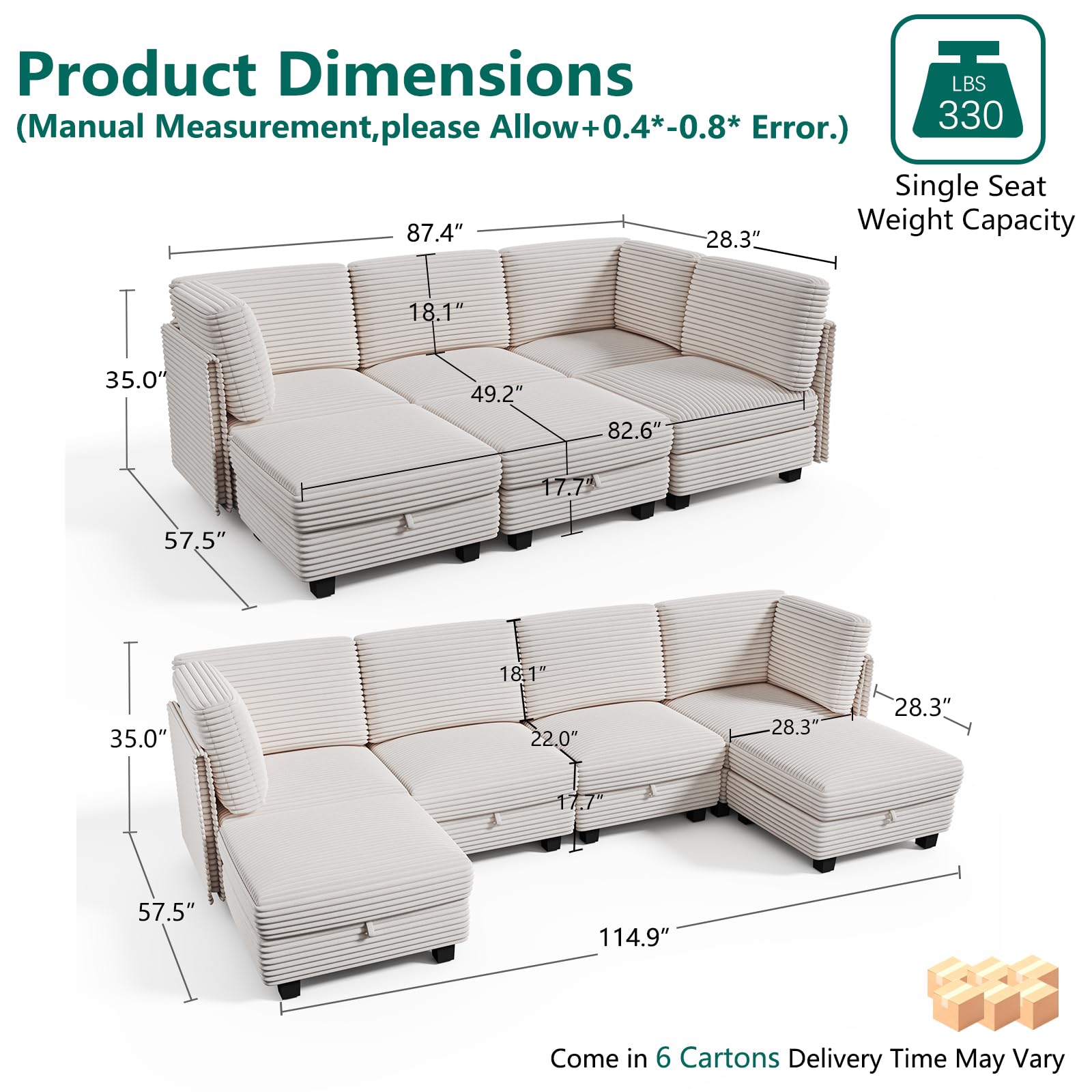 OhaiAura Modular Sectional Sofa with Adjustable Backrest, Convertible L/U-Shaped Sleeper Couch for Living Room, Cloud Sofa Bed Modern Reversible Design, Beige