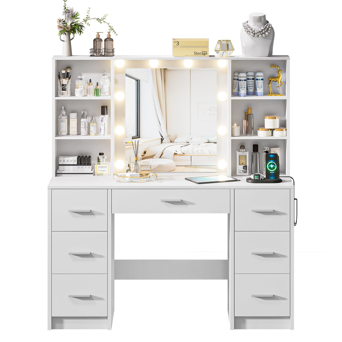 DDONGMM Vanity Desk with Lighted Mirror & Power Outlet, Makeup Vanity with 7 Drawers and 6 Storage Shelves, Bedroom Dressing Table with 3 Lighting Modes & Brightness Adjustable for Girls, Women, White
