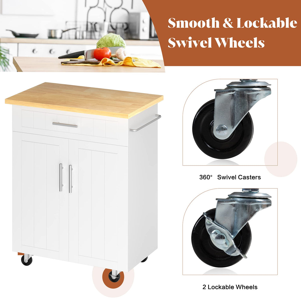 SUNLEI Kitchen Island with Storage, 26" Rolling Microwave Cart with 3 Drawers, Rubberwood Top, Lockable Wheels, Towel Rack & Open Shelves, Portable Kitchen Cart, White